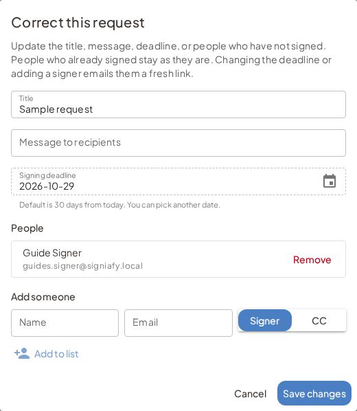 Correct dialog with title, message, deadline, and people list