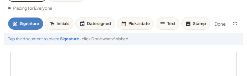 Field tools for Signature, Initials, Date, Text, and Stamp above the document