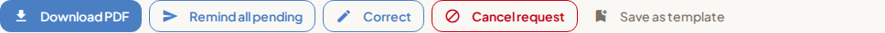 Request actions: Download PDF, Remind all pending, Correct, Cancel request, Save as template