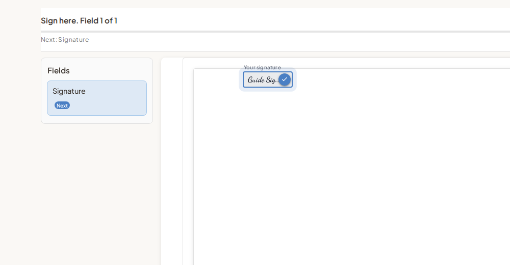 Signing screen with field list, document, and Apply signature