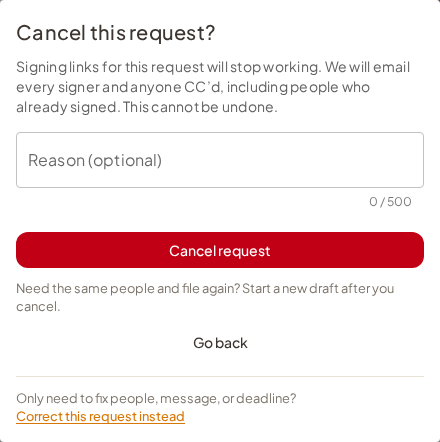 Cancel request dialog with optional reason